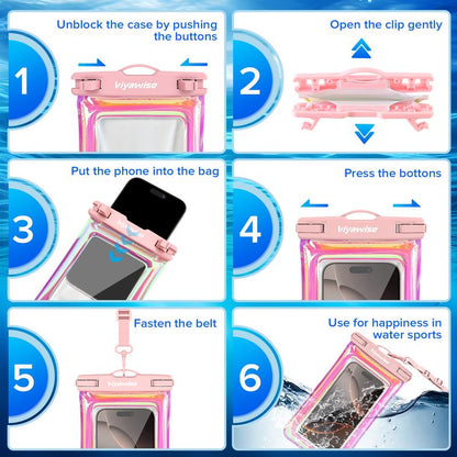 Viyawise Outdoorfun Waterproof Phone Pouch - IPX8 Certified & Floatable Design | 5 Holographic Colors | Fits Most Smartphones | Beach Cruise Swim Essentials with Adjustable Lanyard