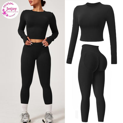 Jetjoy 2 Piece Workout Sets for Women, Long or Short Sleeve T Shirt Tank Top + Workout Shorts Butt Lifting Gym Seamless Booty Biker Shorts, Going Out Gym Sets Fitness Clothes Skinny Sportswear Compression Activewear Gymwear Fitness Clothes