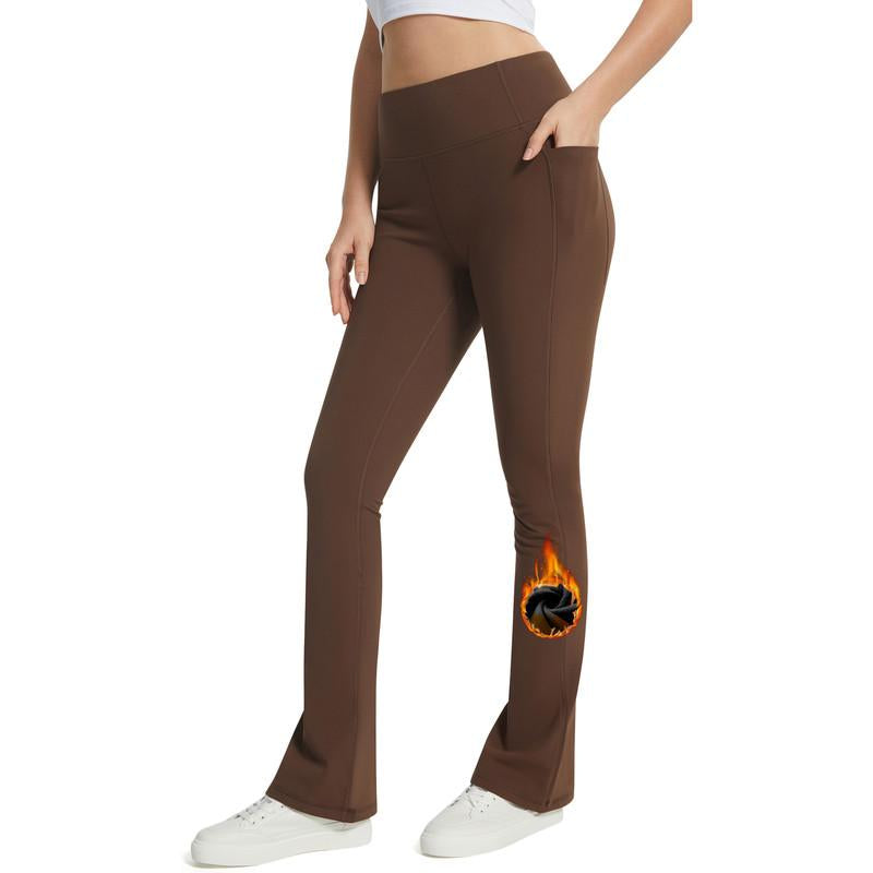 AFITNE Women'S Fleece Lined Yoga Pants Mini Flare Leggings with Pockets Thermal Warm Pants for Cold Weather