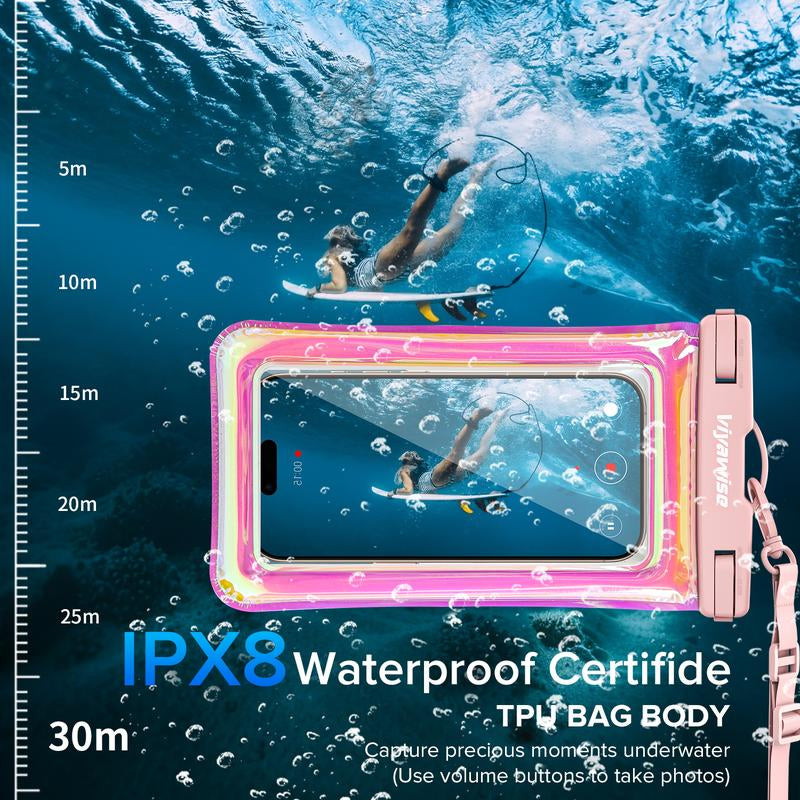 Viyawise Outdoorfun Waterproof Phone Pouch - IPX8 Certified & Floatable Design | 5 Holographic Colors | Fits Most Smartphones | Beach Cruise Swim Essentials with Adjustable Lanyard
