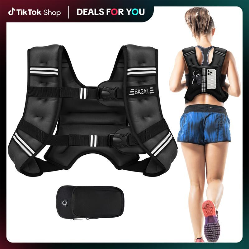 BAGAIL Weighted Vest, 5Lbs/8Lbs/10Lbs/12Lbs/15Lbs/20Lbs/25Lbs/30Lbs Weight Vest with Detachable Phone Pouch, Rucking Vest for Women, Men, Walking, Weight Loss, Training, Running Glute Workout Equipment Sweat Fitness Belt