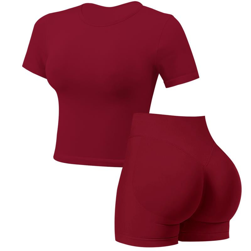 Jetjoy 2 Piece Workout Sets for Women, Long or Short Sleeve T Shirt Tank Top + Workout Shorts Butt Lifting Gym Seamless Booty Biker Shorts, Going Out Gym Sets Fitness Clothes Skinny Sportswear Compression Activewear Gymwear Fitness Clothes