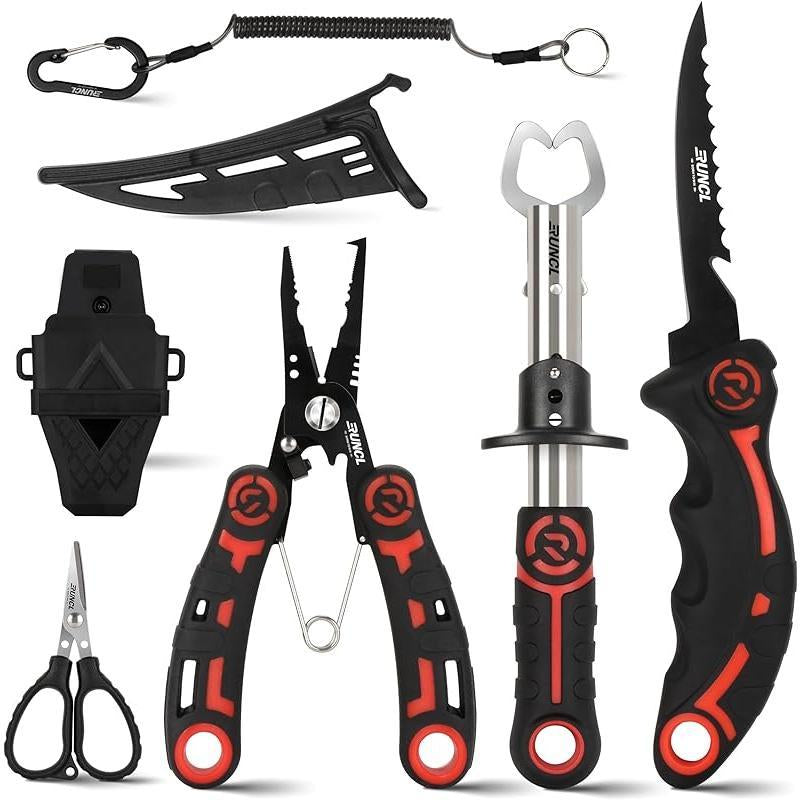 RUNCL 4Pc Fishing Tool Kit- Fishing Pliers, Fish Fillet Knife with Sharpener, Fish Lip Gripper, Fishing Braid Scissors, Saltwater Fishing Gear and Equipment with Sheath/Lanyard, Fishing Gifts for Men