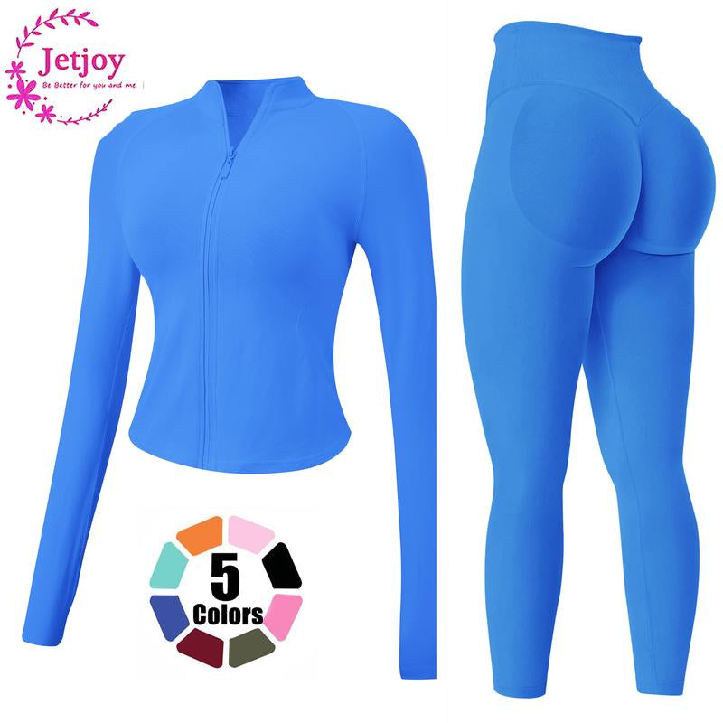 Jetjoy 2 Piece Workout Sets for Women, Long or Short Sleeve T Shirt Tank Top + Workout Shorts Butt Lifting Gym Seamless Booty Biker Shorts, Going Out Gym Sets Fitness Clothes Skinny Sportswear Compression Activewear Gymwear Fitness Clothes